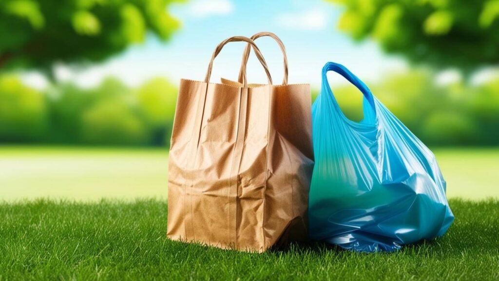 plastic and paper bags on grass