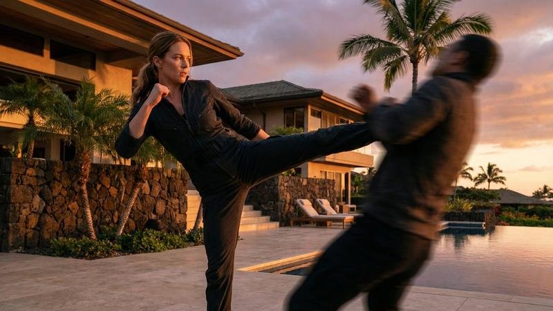 Perdita Weeks as Juliet Higgins performing a martial arts kick in Magnum P.I., proving she has no disability
