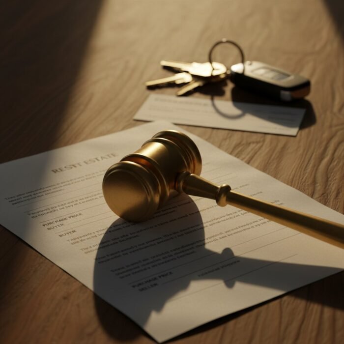 Gavel on real estate contract with house key and earnest money check on wooden desk