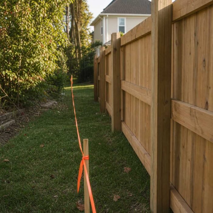 Property survey markers and boundary stakes between two residential lots with a fence line dividing the properties