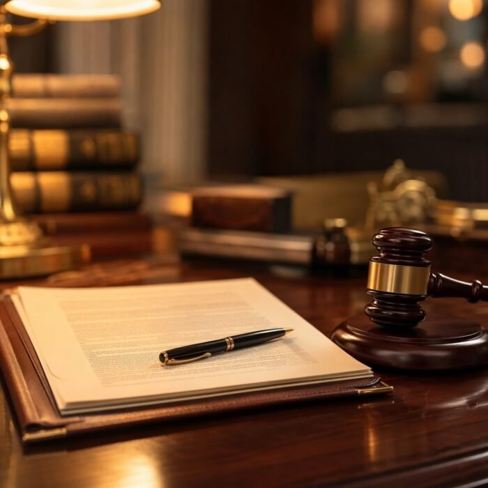 Legal contract document with judge gavel on mahogany desk illustrating the concept of specific performance as an equitable remedy