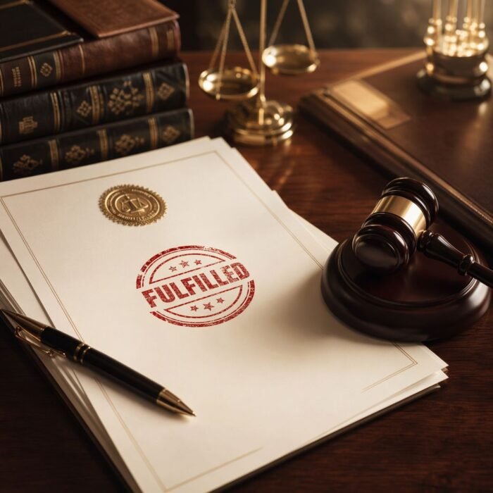 Legal contract with court seal on mahogany desk representing specific performance enforcement