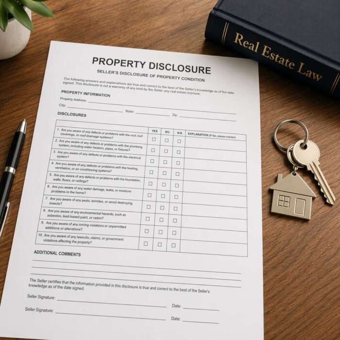 Property disclosure form on a desk with house keys and legal documents showing seller disclosure requirements
